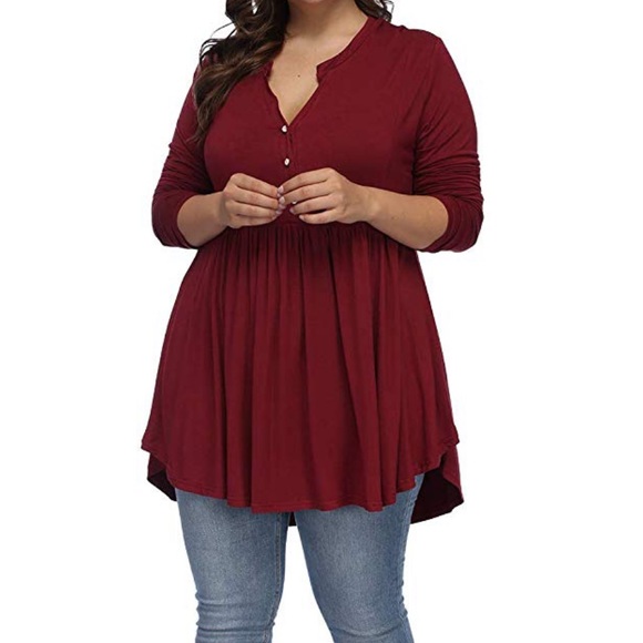 Deep maroon plus size Henley blouse - Picture 3 of 4